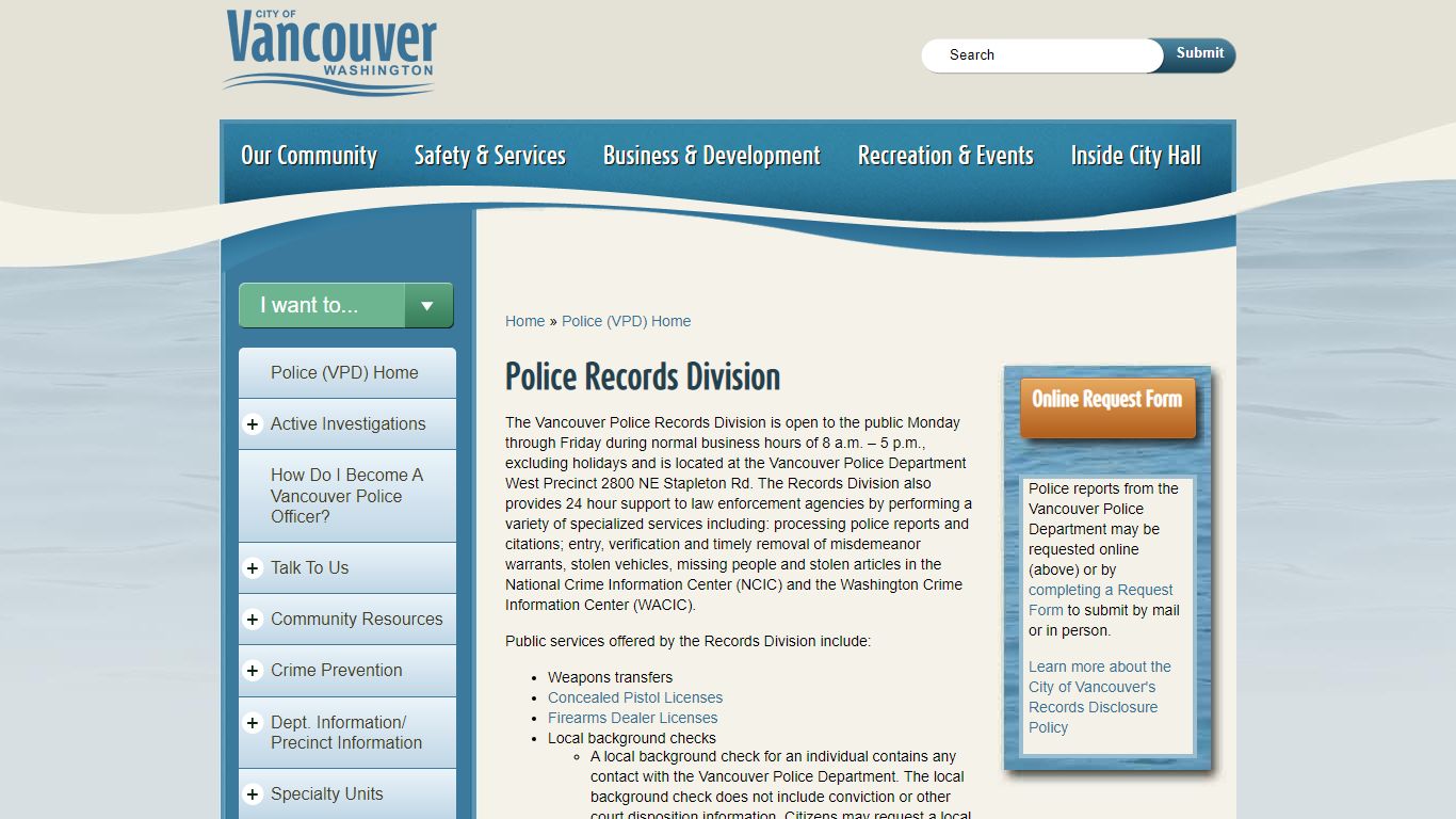 Police Records Division | City of Vancouver, Washington, USA